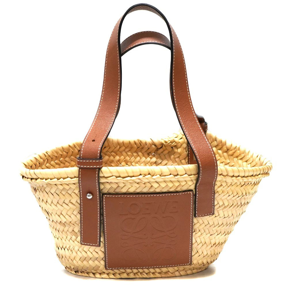 LOEWE Basket Bag Straw Tan Tote Brown Leather